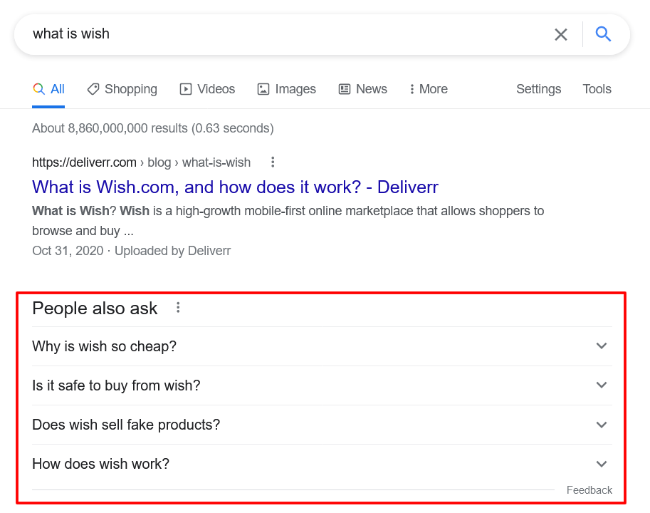 Google search results for the query 'what is wish,' with the 'people also ask' section outlined in red.