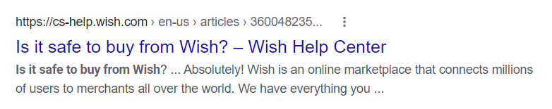 Google search listing for an article from Wish titled 'Is it safe to buy from Wish? -- Wish Help Center.'