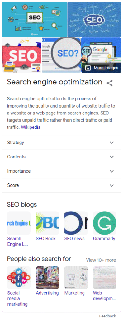 Screenshot showing an example of a knowledge panel for the query "SEO".
