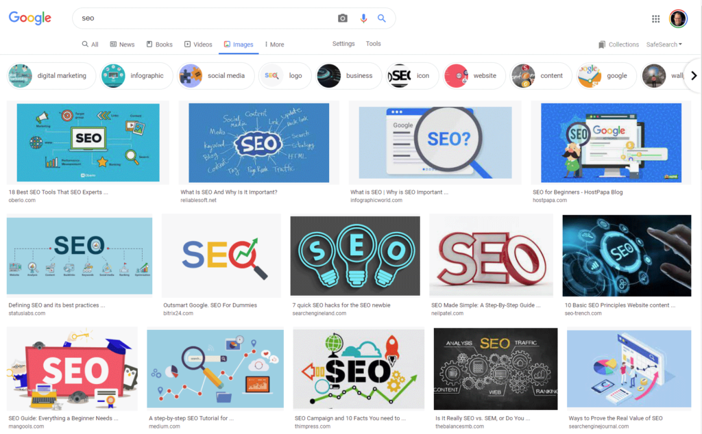 Screenshot of what Google image search looks like for the query "SEO".