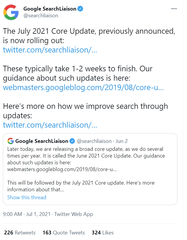 Tweet from Google Search Liaison Announcing the July Google Core Update