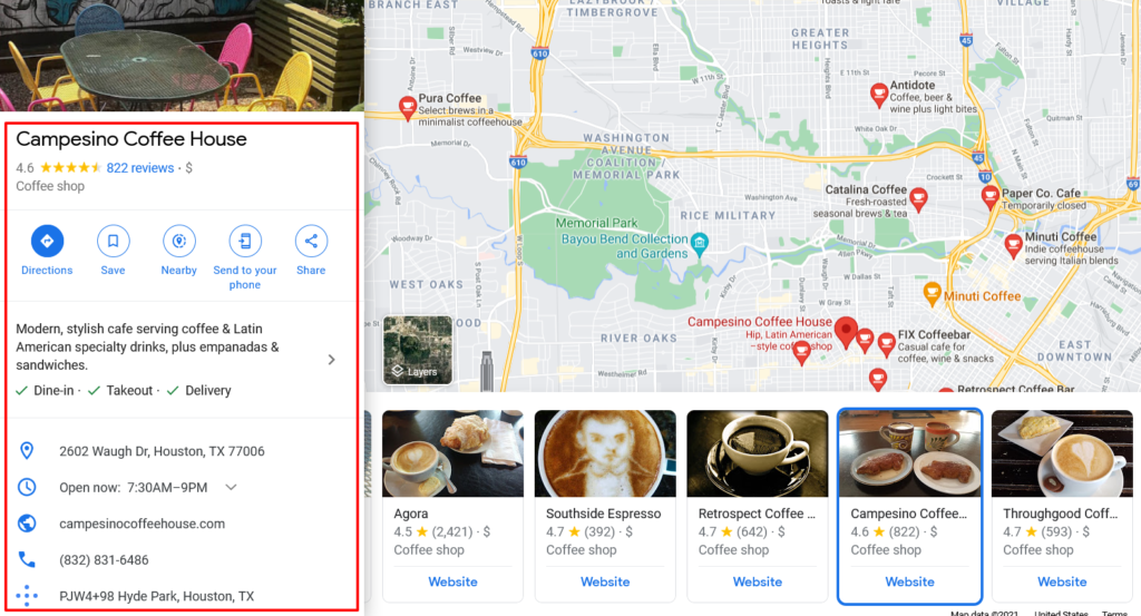 The Google My Business listing for a Houston, Texas coffee shop called Campesino Coffee House.