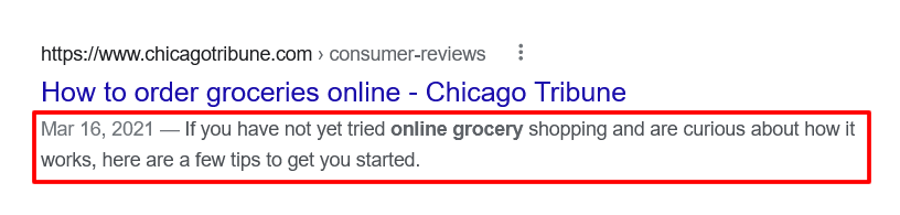 A Google search result of a Chicago Tribune article titled 'How to order groceries online' with the meta description highlighted in red.