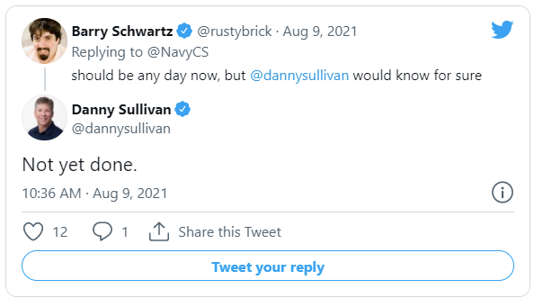 Screenshot of tweet from Barry Schwartz asking Danny Sullivan about Google's link spam update