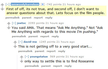 Screenshot of a response from Woody Harrelson on his Reddit Ask Me Anything [AMA] interview.