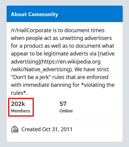 The description of Reddit's /r/HailCorporate subreddit, with the member count of 202k outlined in red.