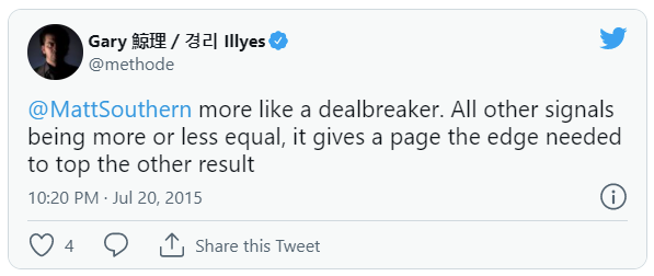 Tweet from Googler Gary Illyes explaining that HTTPS is a tie-breaker signal