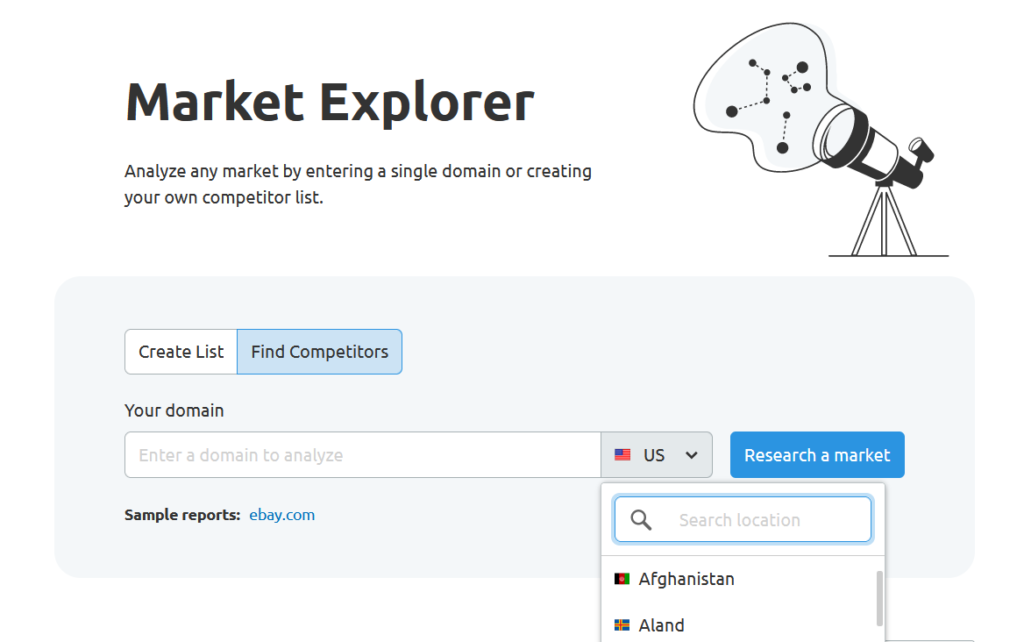 The user interface of Semrush's Market Explorer tool, with the location drop-down list opened.