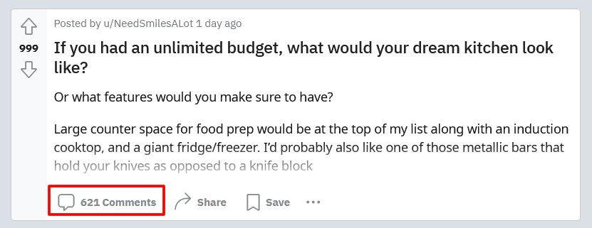 A thread in the cooking subreddit titled 'If you had an unlimited budget, what would your dream kitchen look like?