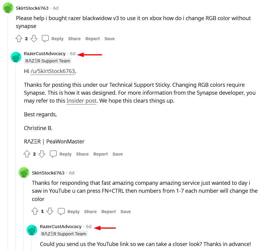 Comments from Razer's customer support team on its Razer subreddit, each indicated by a red arrow.