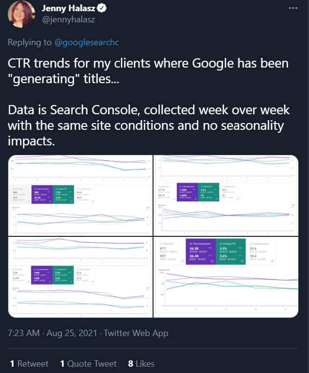 Tweet from Jenny Halasz explaining that CTR trends for her clients are drastically declining