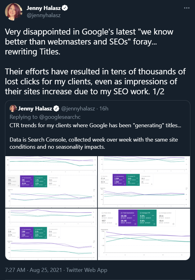 Tweet from Jenny Halasz where she explains that she's disappointed in Google's latest changes