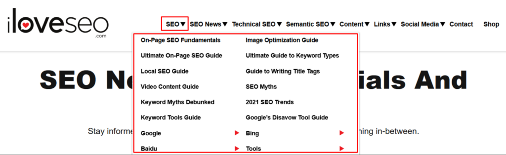 A drop-down menu on the homepage of iloveseo.com.