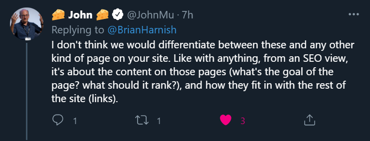 Tweet from John Mueller explaining that they don't differentiate between normal pages and category pages.