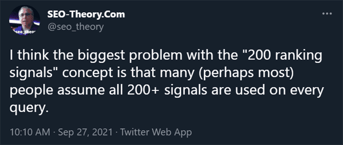 Tweet from SEO-Theory.com discussing 200 ranking signals.