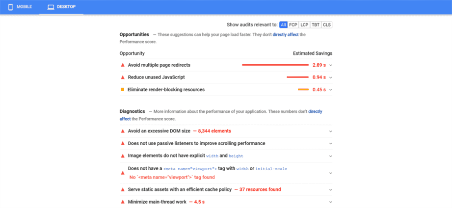 More detailed results of YouTube's PageSpeed Insights report, including the Opportunities and Diagnostics sections.