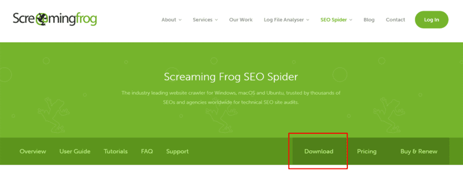 The Screaming Frog SEO Spider home page user interface, with the 'download' button outlined in red.