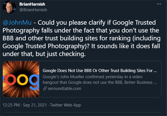 Tweet from Brian Harnish to John Mueller regarding Google Trusted Photography.