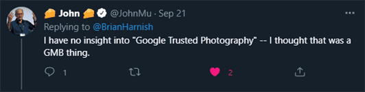 Tweet from Google's John Mueller regarding Google Trusted Photography