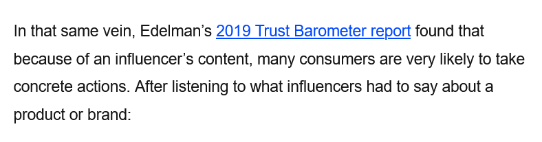 A snippet of text from an iloveseo.com article with anchor text that reads '2019 Trust Barometer report.'