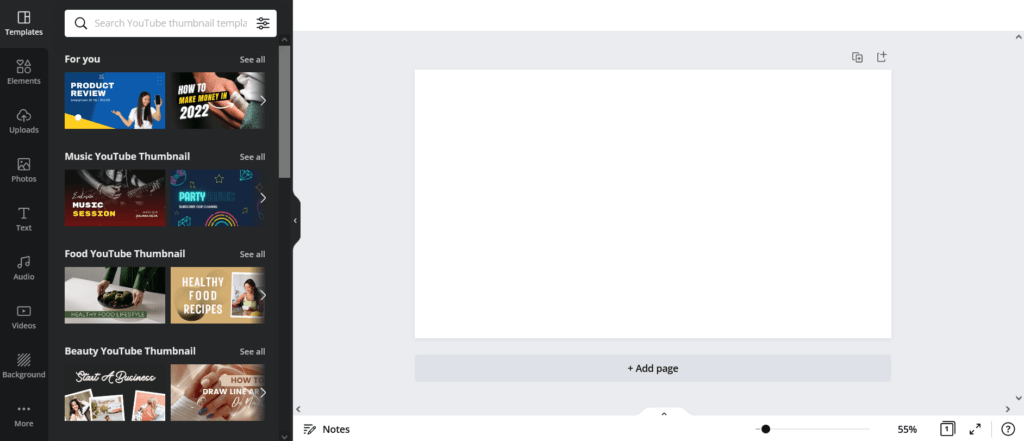 Canva's user interface for designing a YouTube thumbnail, with the 'Templates' tab selected.