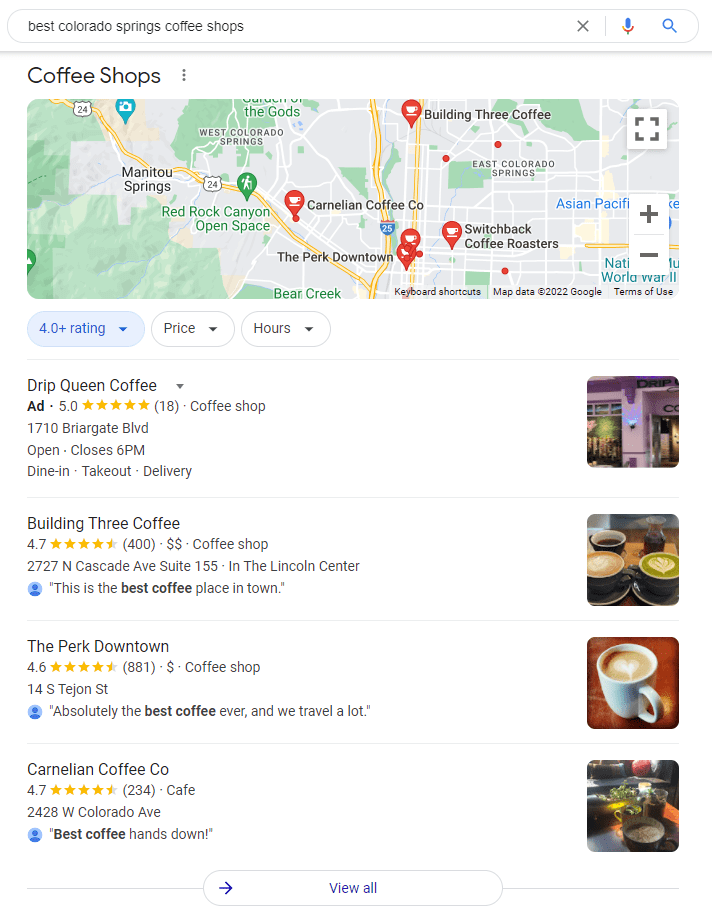The Google SERP results for the query 'best Colorado Springs coffee shops.'