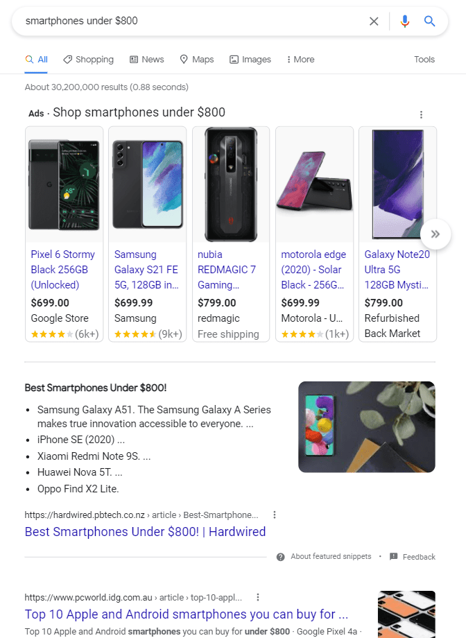 Google's search results for the commercial query <i>smartphones under $800</i>, with several ads at the top.