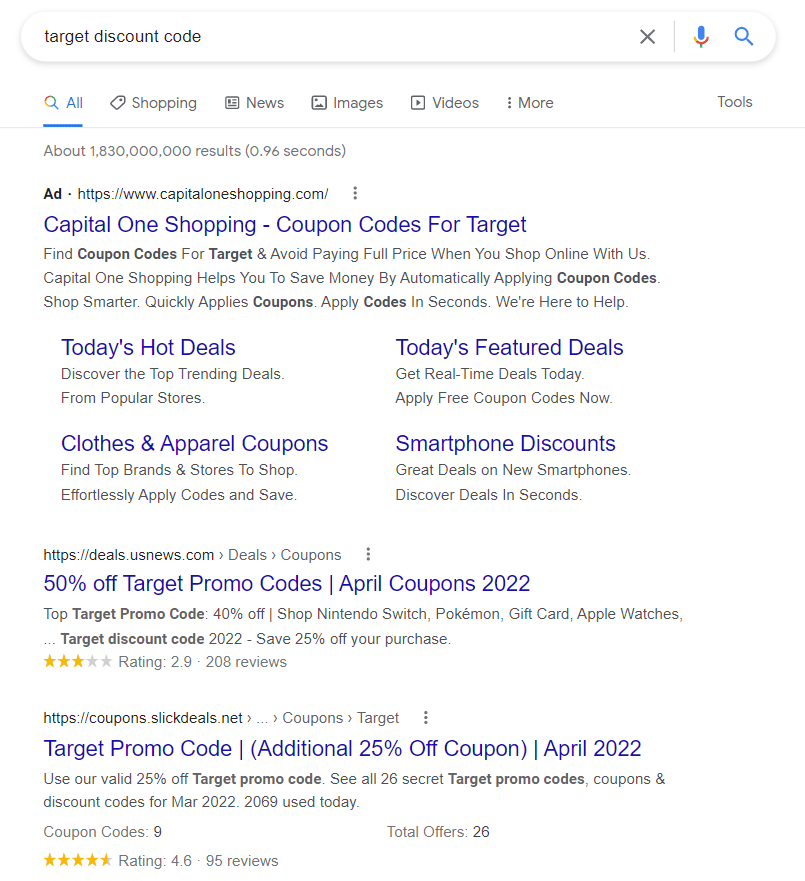 Google's search results for the transactional query 'Target discount code.'