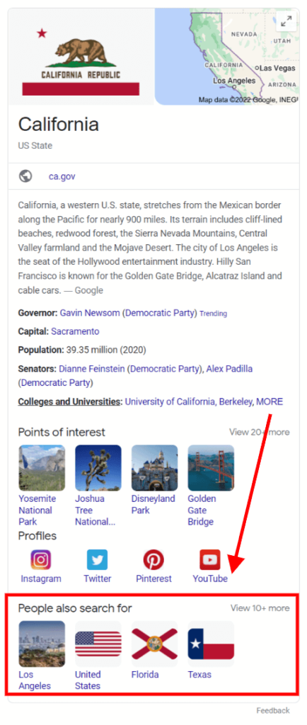 Screenshot of California topic knowledge panel on Google search