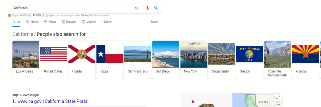 Screenshot of different topics that people also search for when searching California