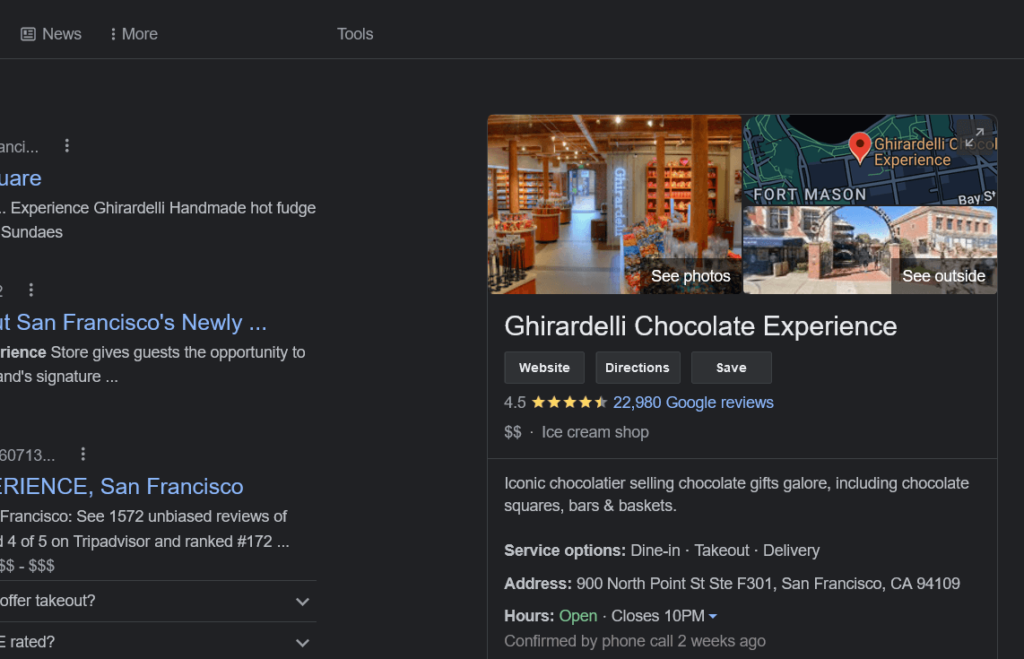 The Google Business Profile for a San Francisco chocolate shop, with the photos section displayed at the top left corner of the listing.