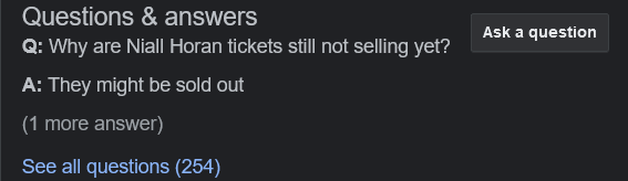 A question and answer about sold out tickets as seen on the Google Business Profile of a music venue.