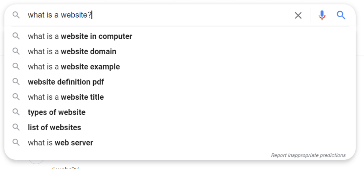 Screenshot of Google autogenerated search suggestions for the query "What is a website"?