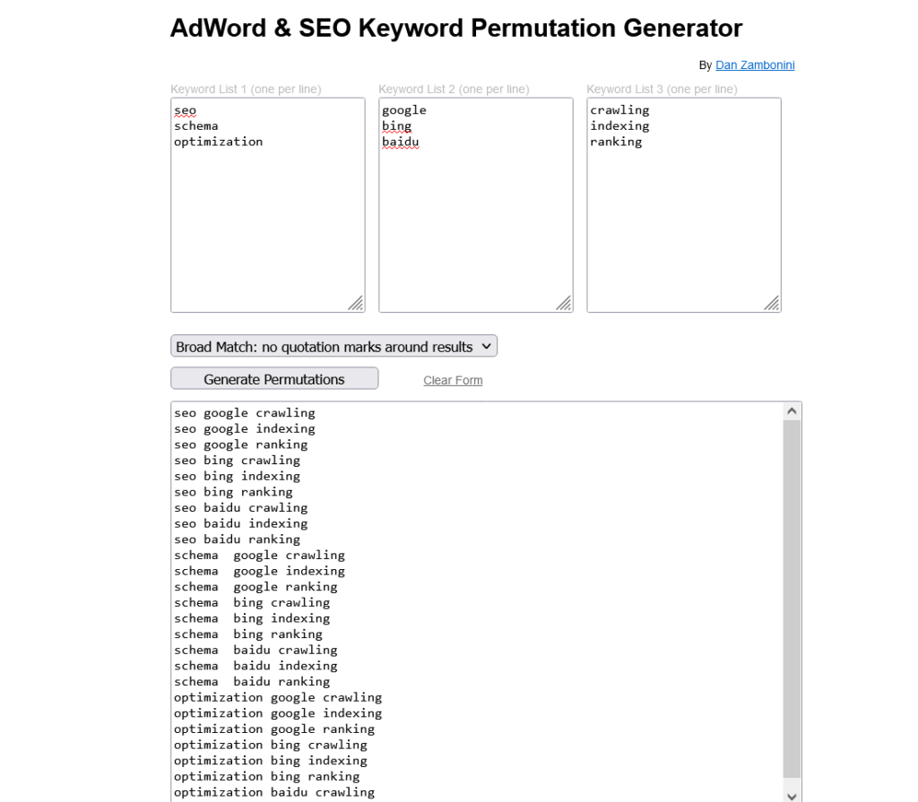 The AdWord & SEO Keyword Permutation Generator being used to generate permutations from three lists of three keywords each.