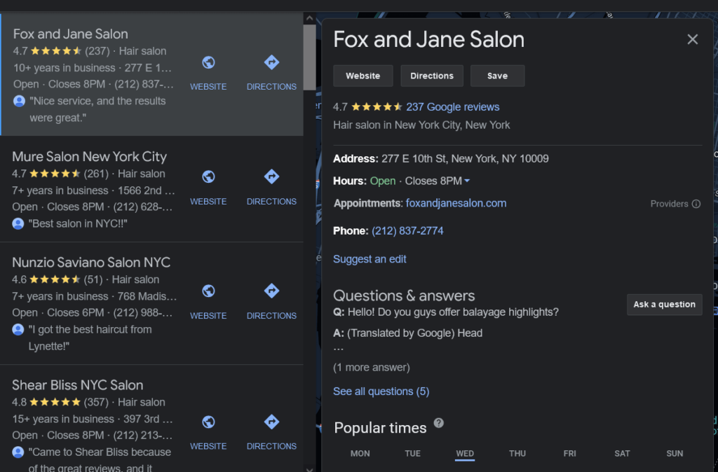 The Google Business Profile for a business called Fox and Jane Salon. The listing displays its reviews, address, hours, website, contact details and the like.