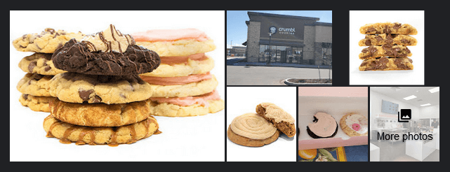 The photos displayed on the Google Business Profile for a cookie company. The main featured photo depicts three stacks of four cookies.