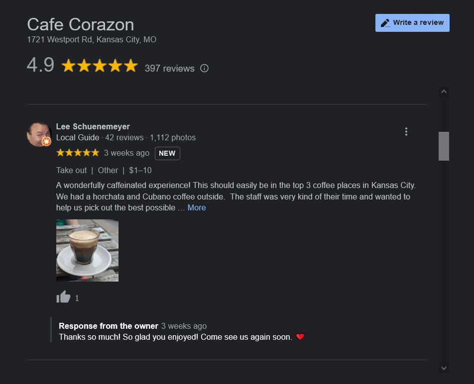 A five-star customer review for the Kansas City coffee shop Cafe Corazon, along with the owner's response.