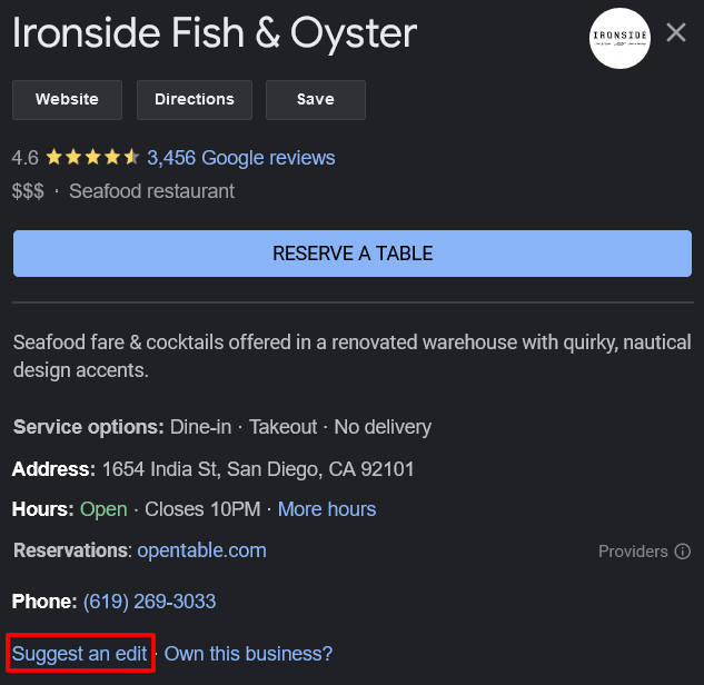 The Google Business Profile for the San Diego seafood restaurant Ironside Fish & Oyster, with the 'suggest an edit' button outlined in red.