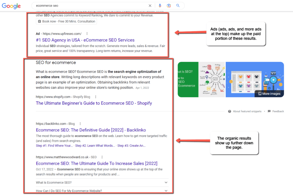 Screenshot showing the difference between organic SEO and local SEO.