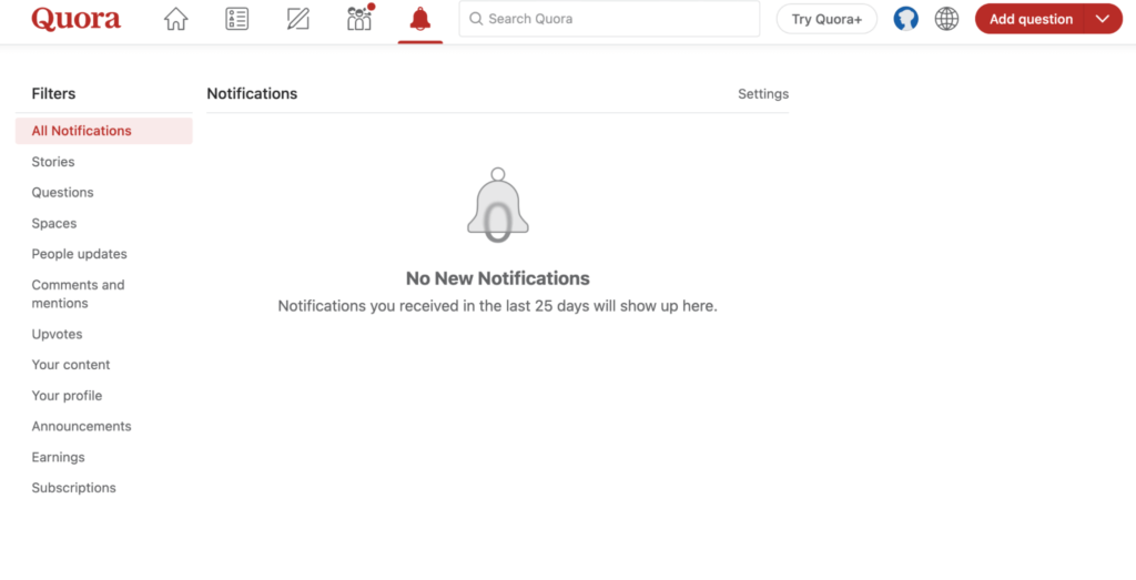 Screenshot demonstrating how to find notifications in Quora.
