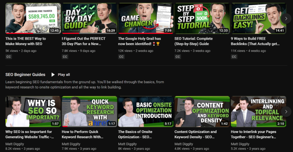 Examples of custom thumbnails from Matt Diggity's YouTube Channel.