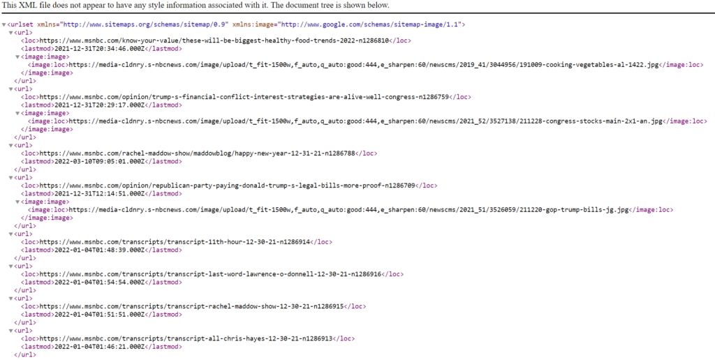 Screenshot of an XML Sitemap of MSNBC.com.