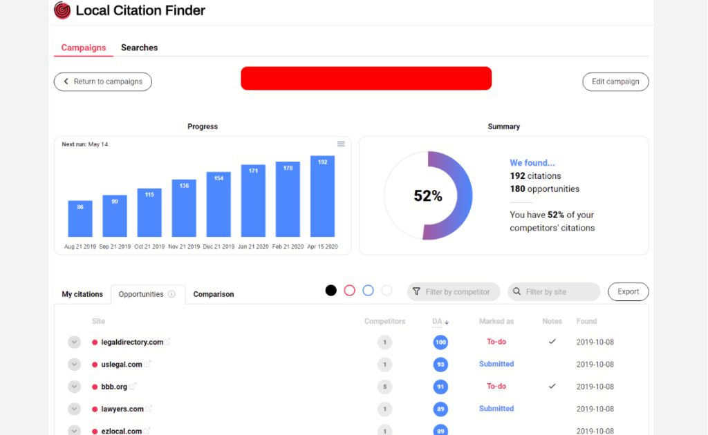 Screenshot of Whitespark location finder.