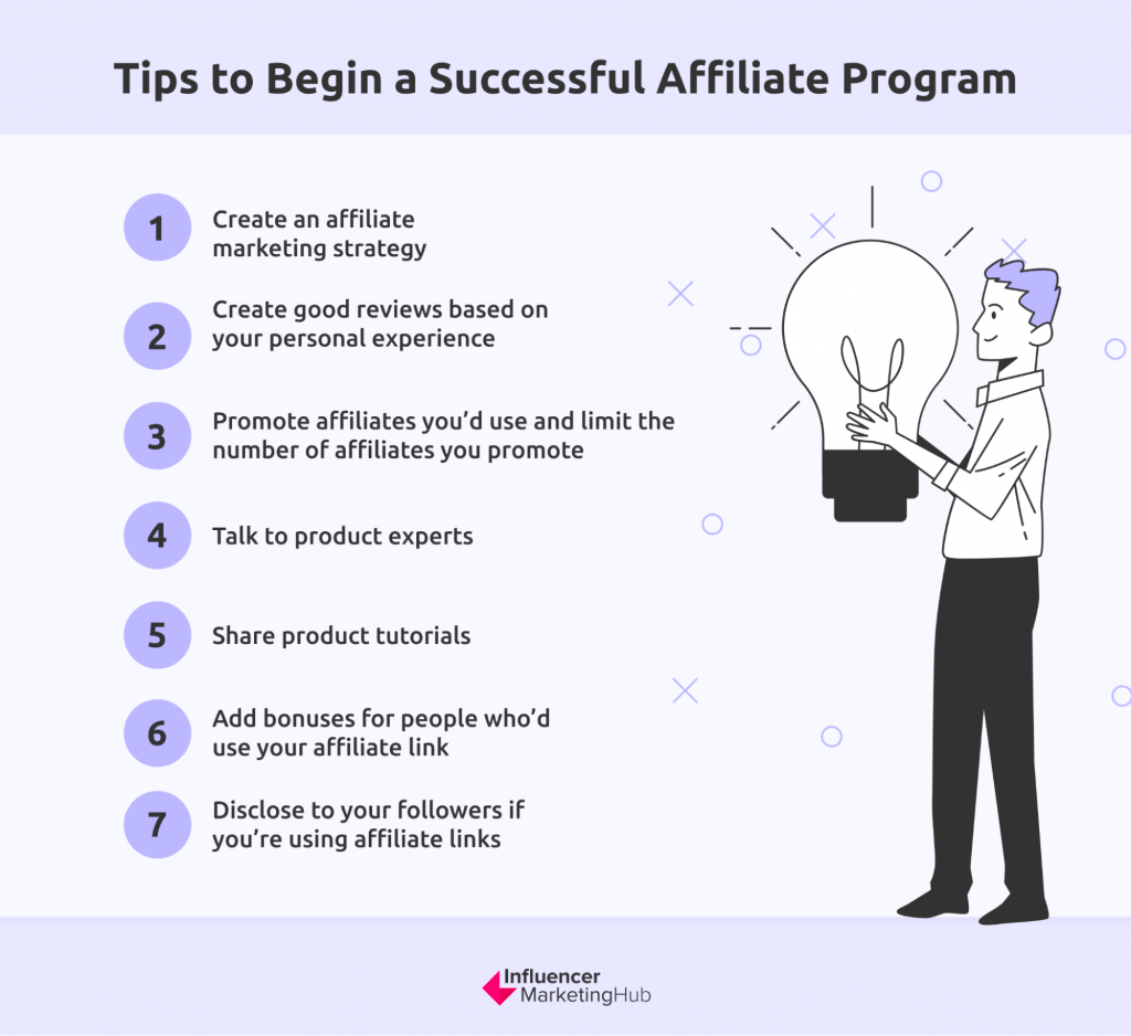 Graphic with tips showing how to start a successful affiliate marketing program.