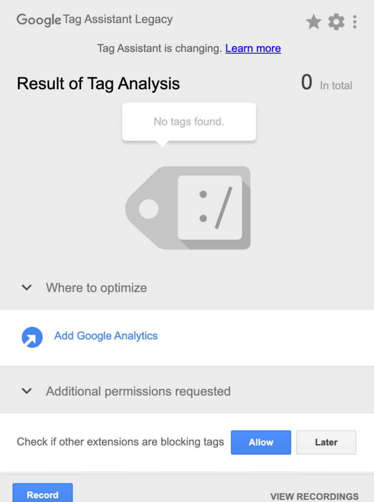 Screenshot of the Google Tag Assistant SEO Chrome Extension.