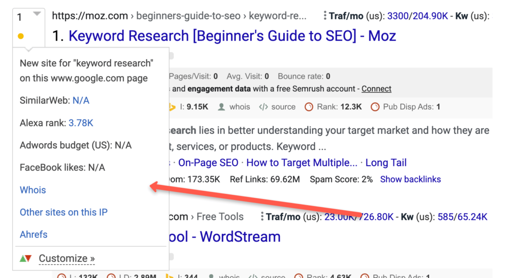 Screenshot of the SERP Trends search analysis SEO Chrome Extension.
