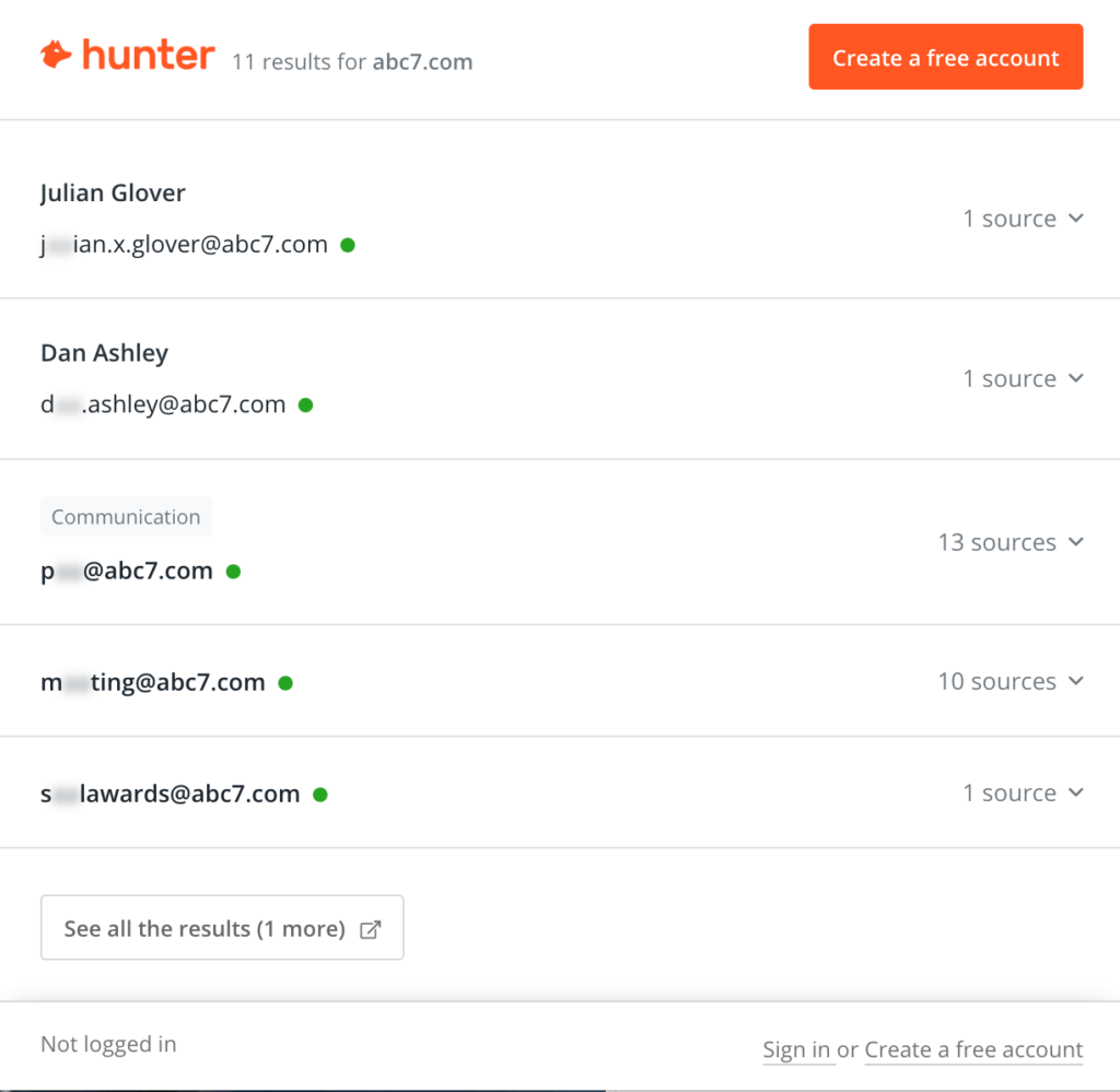 Screenshot of the Hunter.io email finder SEO Chrome Extension.